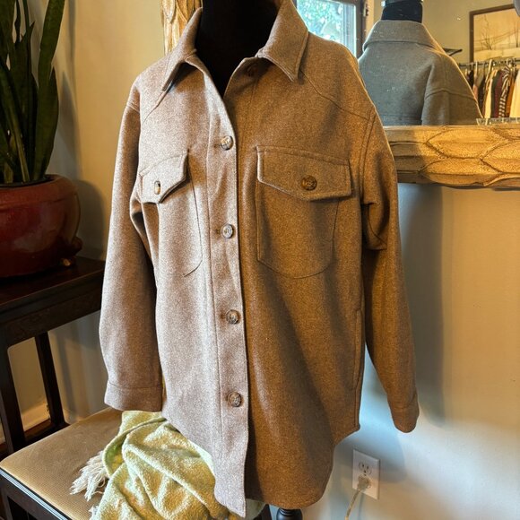 New Love Tree Women's Medium Tan Button-Up Shacket Wool-Like Texture Winter Warm - Picture 1 of 16